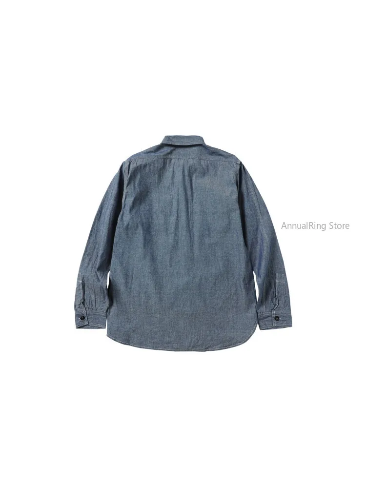 Red Selvage Chambray Pure Cotton Shirt Men Navy Style Amekaji Workwear Retro Spring Autumn Long Sleeve Coat