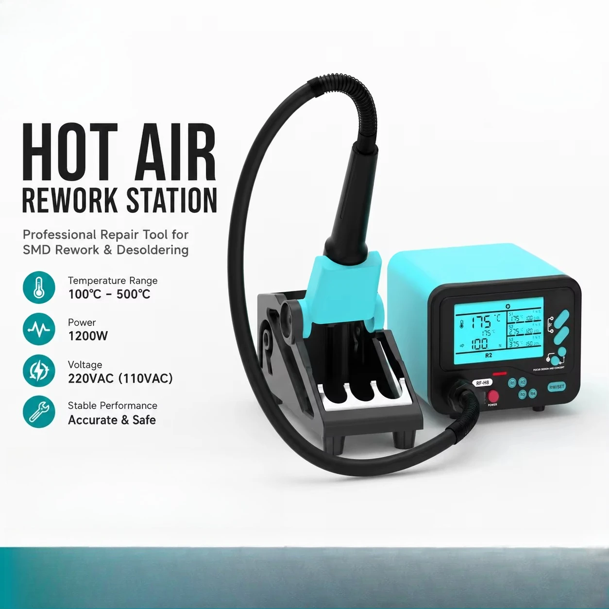 Temperature Control 1000W Hot Air Gun Rework Station for Mobile Phones PCB BGA Repair Desoldering 4 Nozzle AC 110-240V