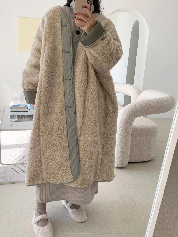الرجعية زر واحد خروف الفراء طوق منتصف طول القطن Jaet المرأة شيك تنوعا Ele Sle معطف الشتاء