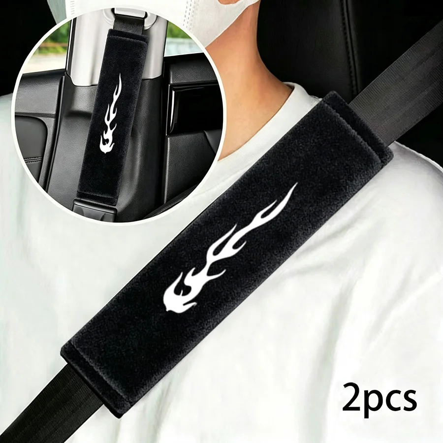 2pcs car seat belt cover, crystal velvet white flame pattern shoulder guard, soft and comfortable, car interior accessories