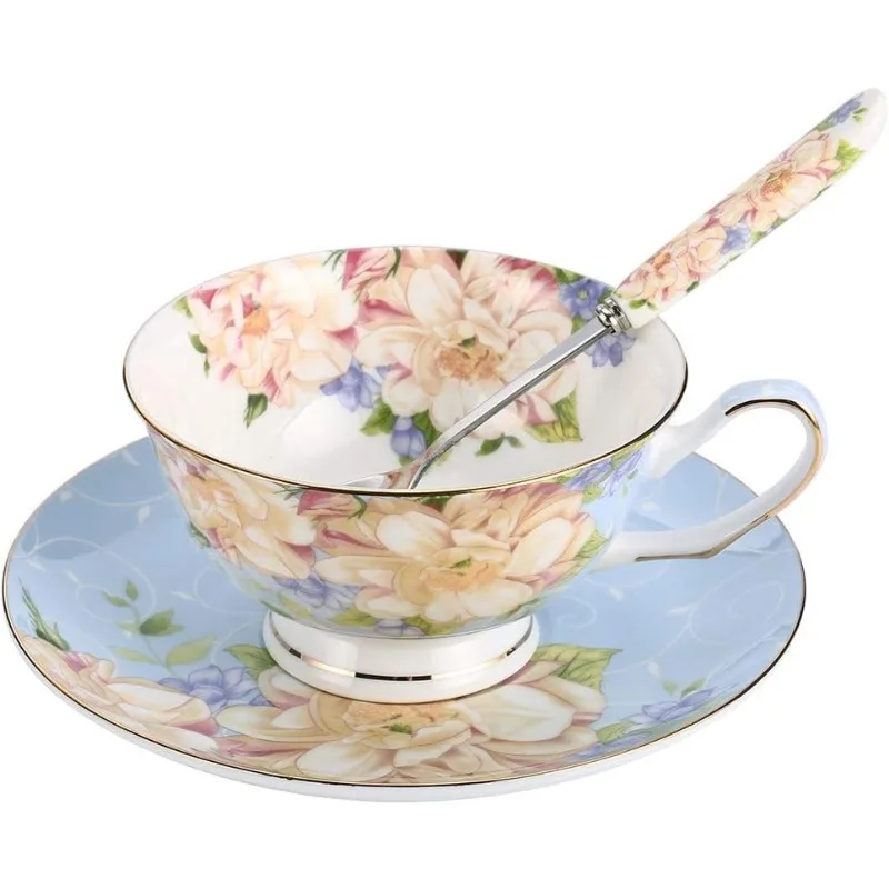 

Tea Cup,Floral Tea Cup and Saucer Set,Bone China Tea Set,Coffee Cup,Tea Set for Adults/Friends/Women/Men,7OZ