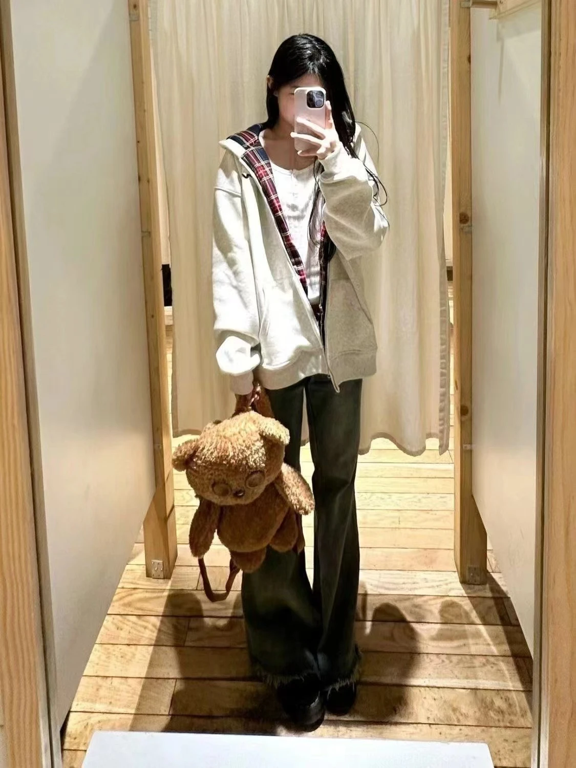 

Ранняя осень, клетчатая лоскутная толстовка с капюшоном Jaet, женский свободный универсальный топ большого размера, весна-осень, ленивый Sle, длинная свевая молния