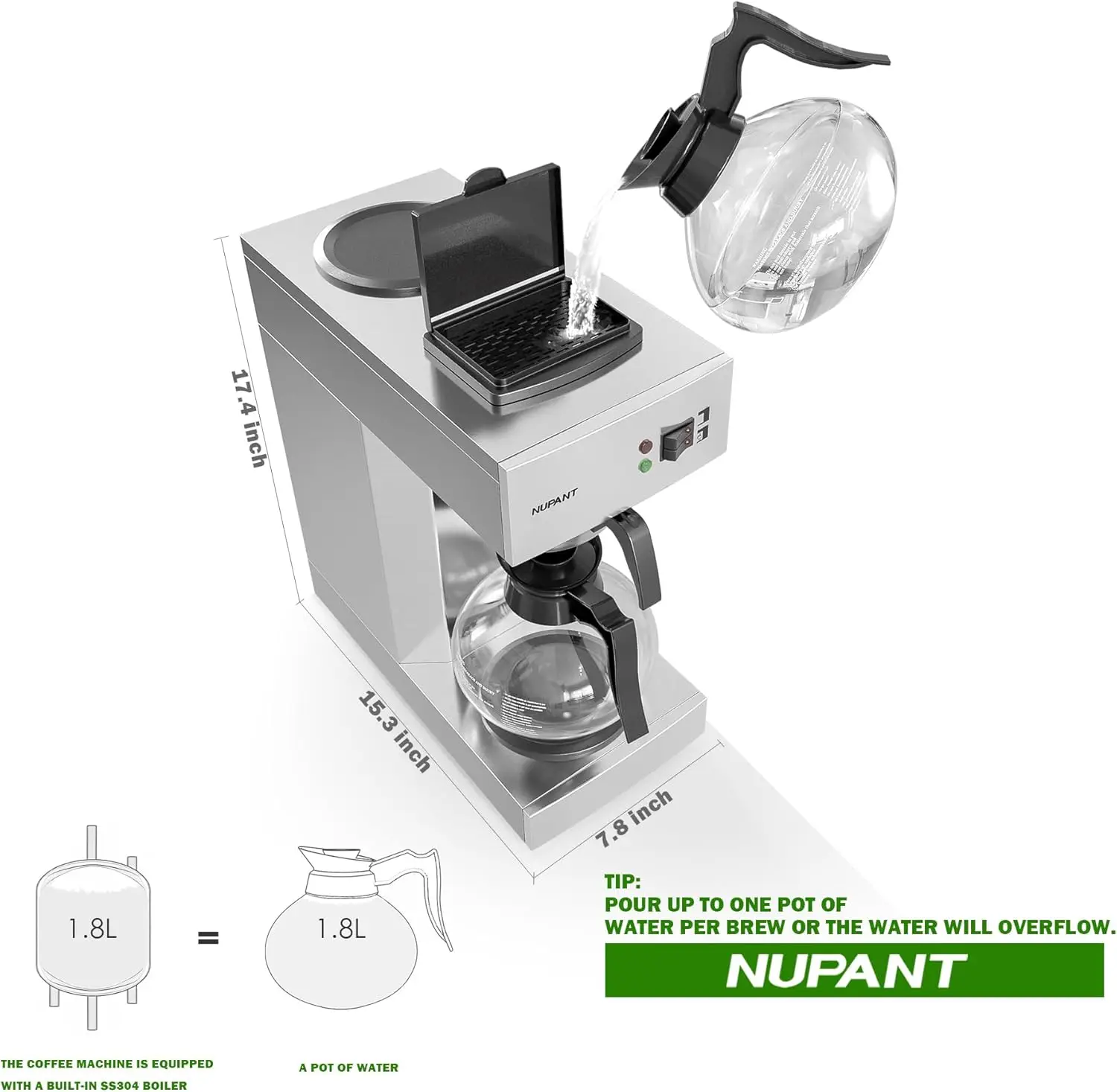 ماكينة صنع القهوة سعة 12 كوبًا سعة 1.8 لتر ماكينة صنع القهوة بالتنقيط التجارية صب فوق ماكينات القهوة مع إبريقين زجاجيين ولوحة تدفئة من الفولاذ المقاوم للصدأ