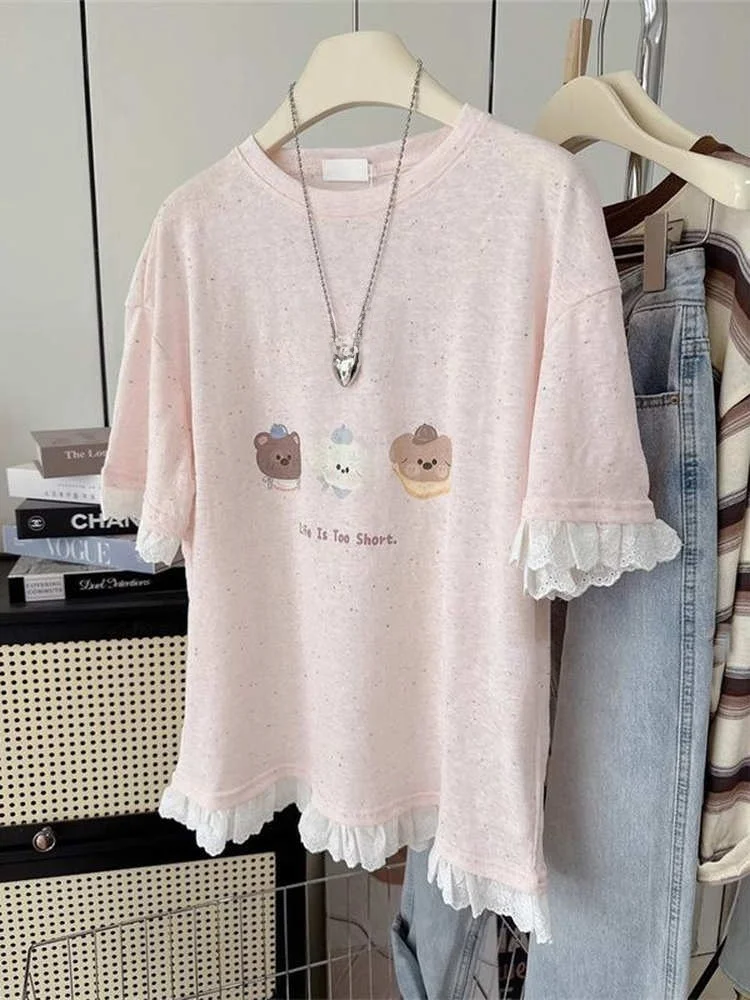 

Милая женская футболка с кружевной отделкой и вставками, свободного кроя, с коротким рукавом, в корейском стиле, летняя, маленького размера, розовая, с цветовыми блоками