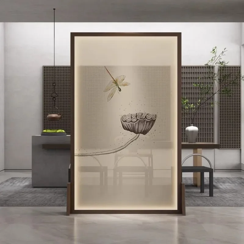 New Chinese Style Movable Solid Wood Screen Partition with Lamp and Translucent Yarn for Hotel Lobby Living Room Entrance