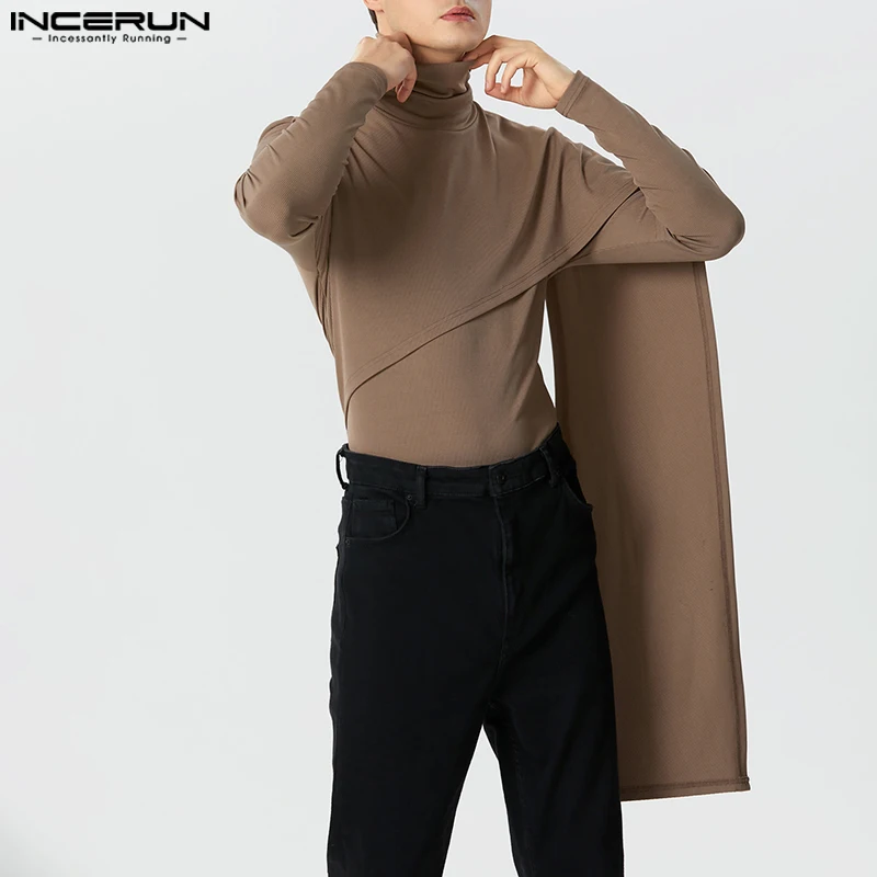 INCERUN Men Irregular Pullovers Solid Color Turtleneck Long Sleeve Knitted Casual Sweaters Streetwear Autumn 2026 Men Clothing