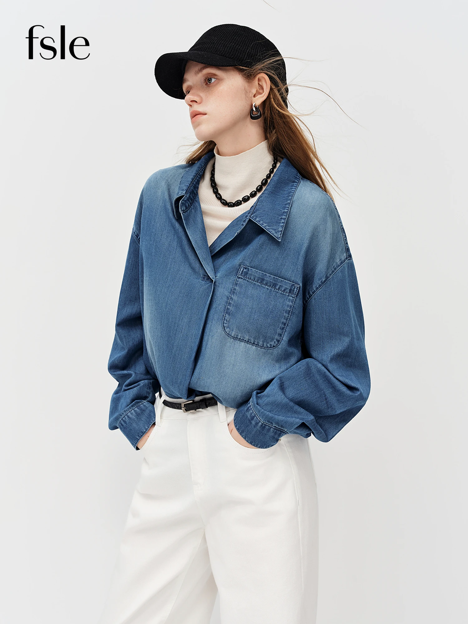 

FSLE 2026 Summer Women's Relaxed Washed Denim Long Sleeve Shirt, Flowy Drop Shoulder Oversized Top for Casual Effortless Chic