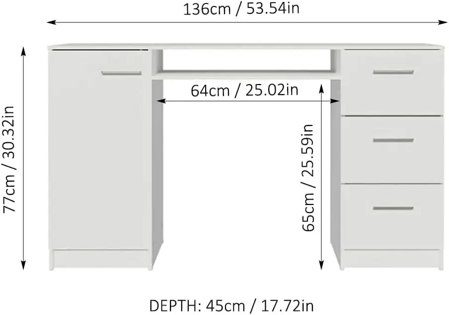 Madesa-Escritorio para computadora con 3 cajones, 1 puerta y estante de almacenamiento, oficina 30”A x 8”P 53”W-Blanco