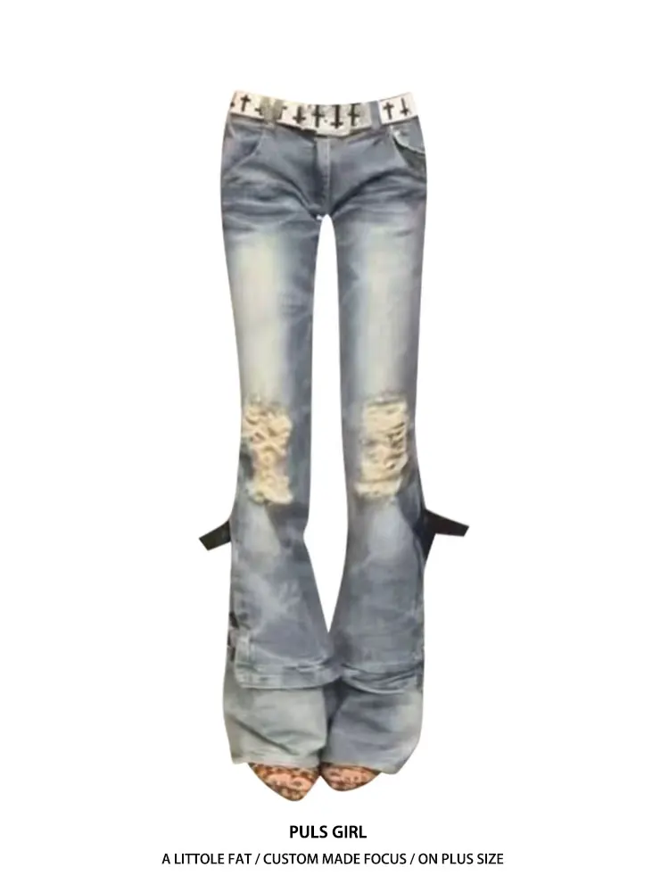 

Retro American Large Size Washed Heavy Duty Belted Tear Micro Flared Jeans Women's 2026 New Slimming Long Pants