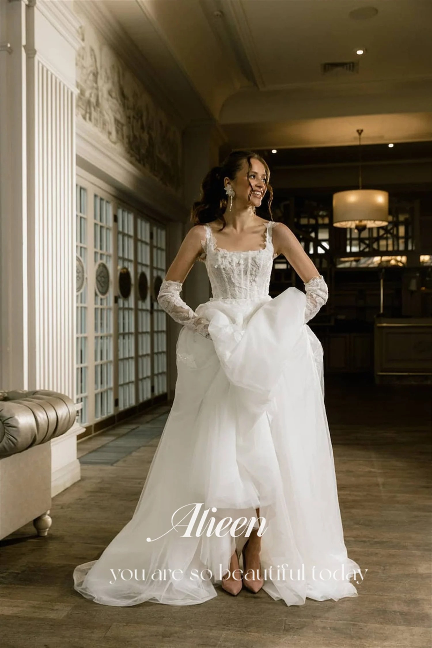 Aileen-vestido de noiva feminino com colarinho quadrado, vestidos de noite luxuosos muçulmanos, vestimenta elegante, baile de formatura, novo, 2022