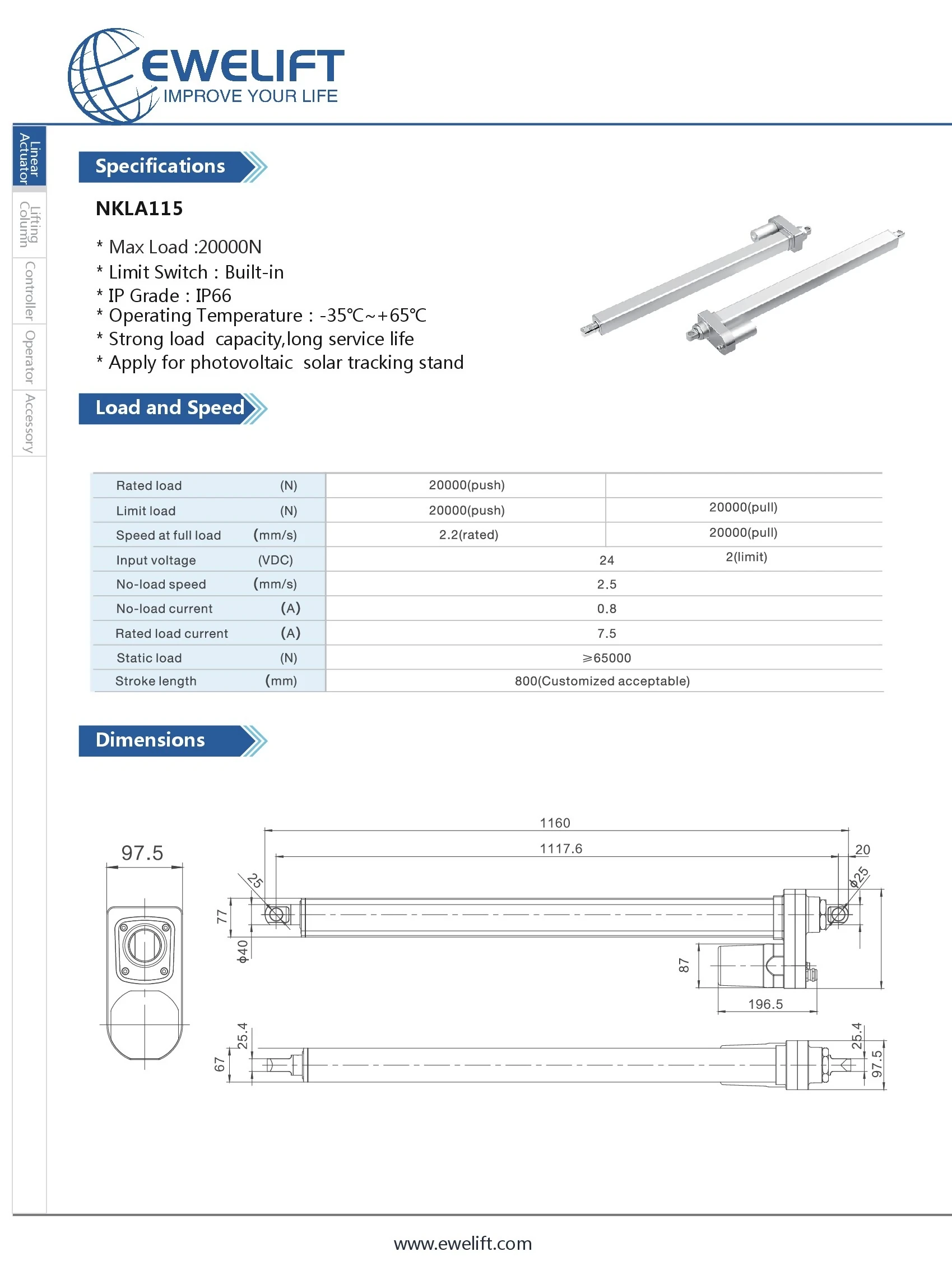 high load dc motor brush 800mm stroke length 20000n load force ip66 waterproof solar electric linear actuator