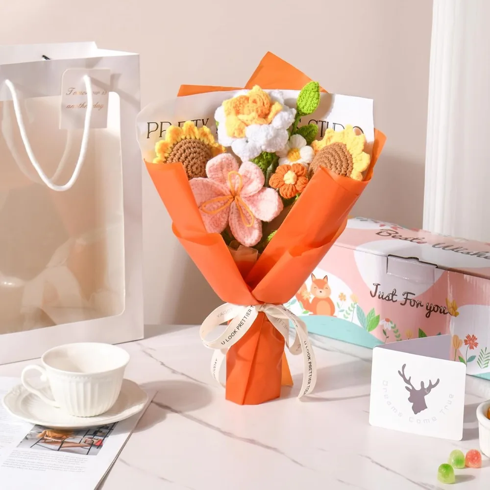 باقة زهور كروشيه هدايا زهور كروشيه مصنوعة يدويًا، ورود كروشيه توليب عباد الشمس 7 قطع لعيد الأم وحفلات الزفاف وأعياد الميلاد #4