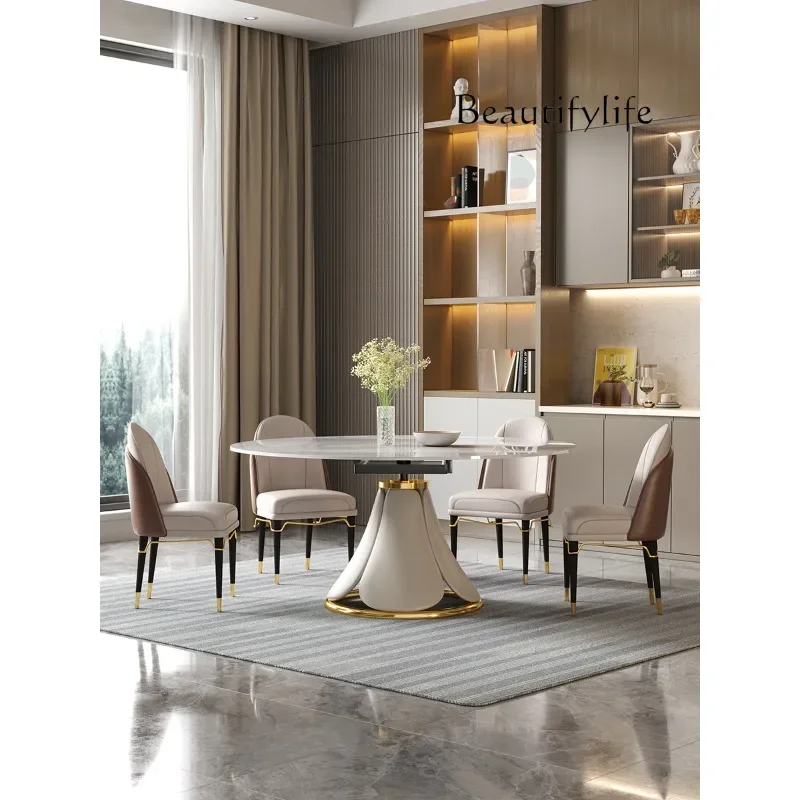 

muebles para hogar Stone Plate Dining Table Folding Rotatable Retractable Table Dining Chair Combination round Light Luxury Din