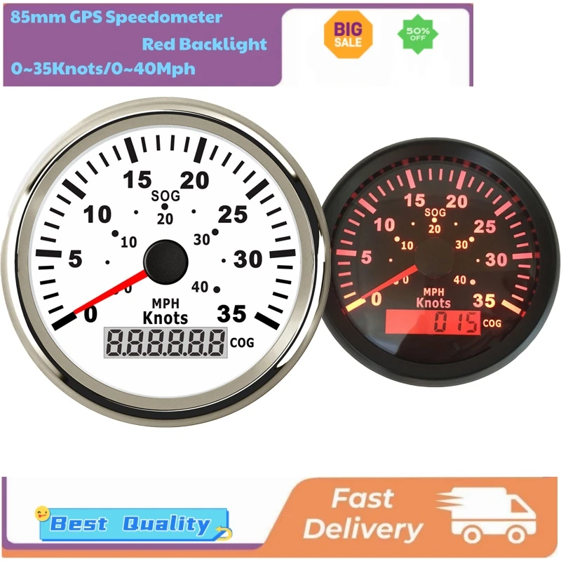 

0-40MPH GPS-спидометры, 85 мм, указатели скорости, индикаторы скорости 0-35 узлов, 9-32 В для лодок, яхт, сосудов с красной подсветкой и антенной
