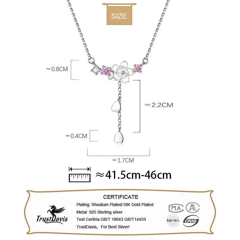 Trustdavis 925 Sterling Silver Temperament Shell Flower Chian Heart Necklace for Women Wedding Party Fine S925 Jewelry DA1334