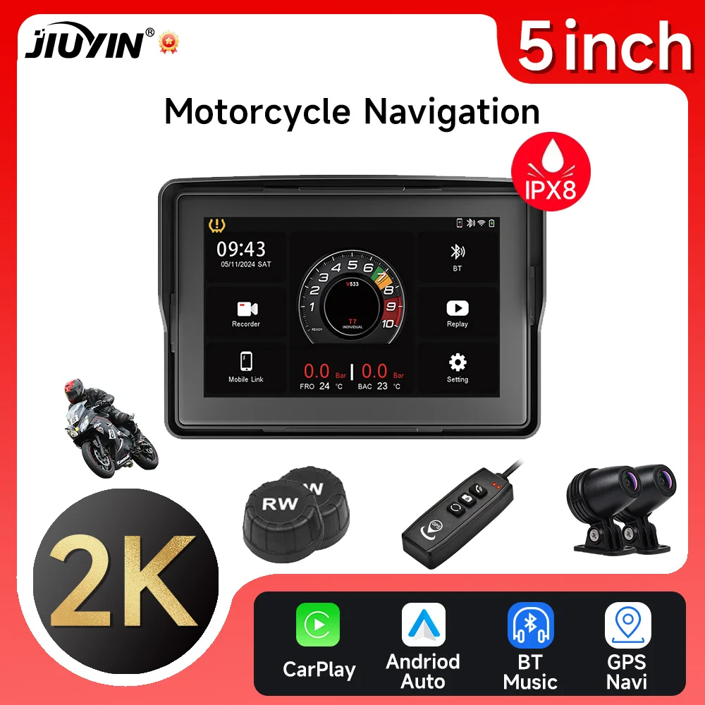 

JIUYIN 5" inch Motorcycle Navigation 2K IPX8 Wireless CarPlay Android Auto Airplay Display Screen Motorcycle Monitor BT Wifi