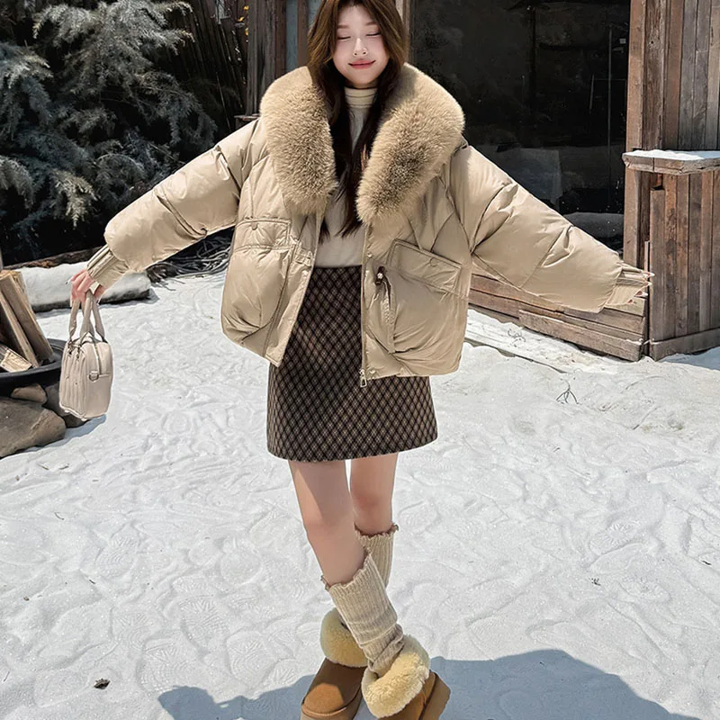 Damska kurtka zimowa z dużym futrzanym kołnierzem, puchowa kurtka damska, krótka, gruba, modna kurtka damska bawełniana JJ1143