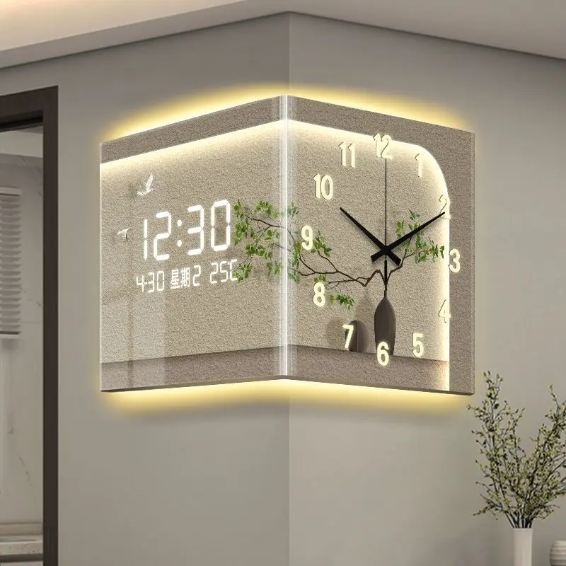 

Высококачественные угловые настенные часы Современные простые светящиеся индукционные светлые роскошные угловые бесшумные часы для гостиной