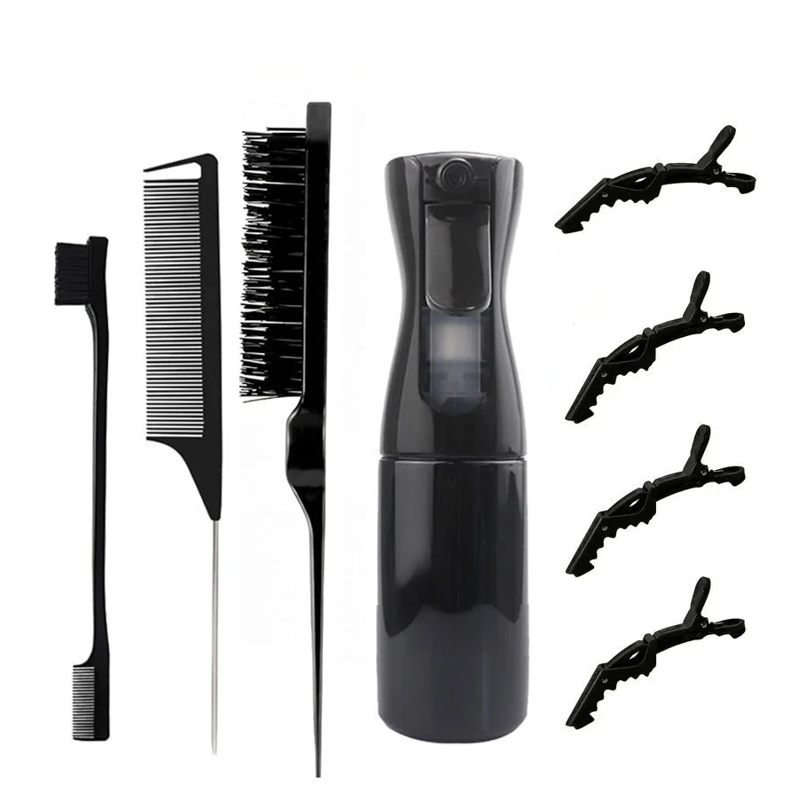 Hair Styling Kit Hair Spray Bottles, Brush with Water Spray, Edge Comb, Smoothing Comb Rat Tail Comb, 2 Clips Bag