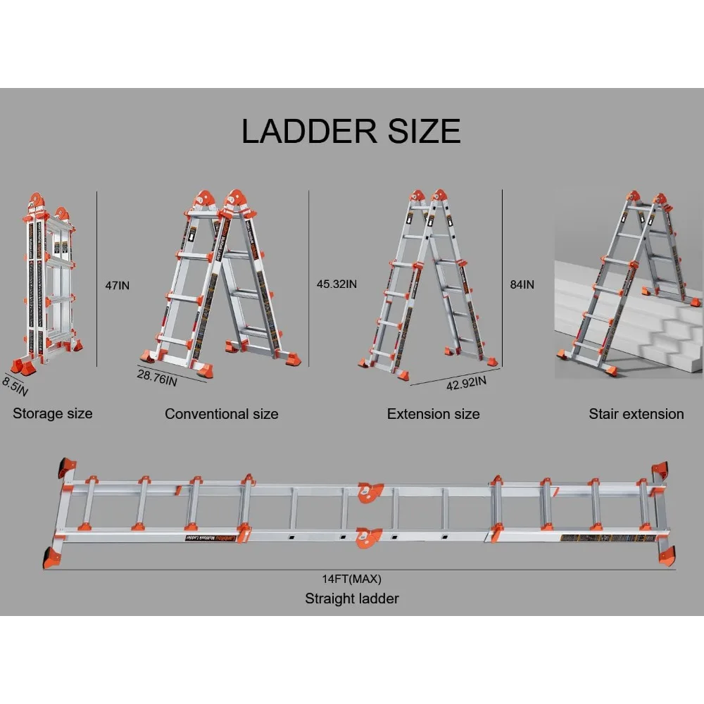 Ladder, A Frame 4 Step Ladder Extension, 14 FT Anti-Slip Multi Position & Storage Folding Ladder