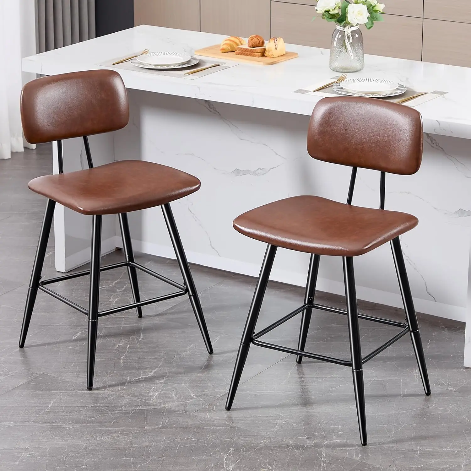 

Bar Stools Set of 2 Counter Height Bar Stools with Metal Frame Modern Leather Bar Stools for Kitchen Island 26IN