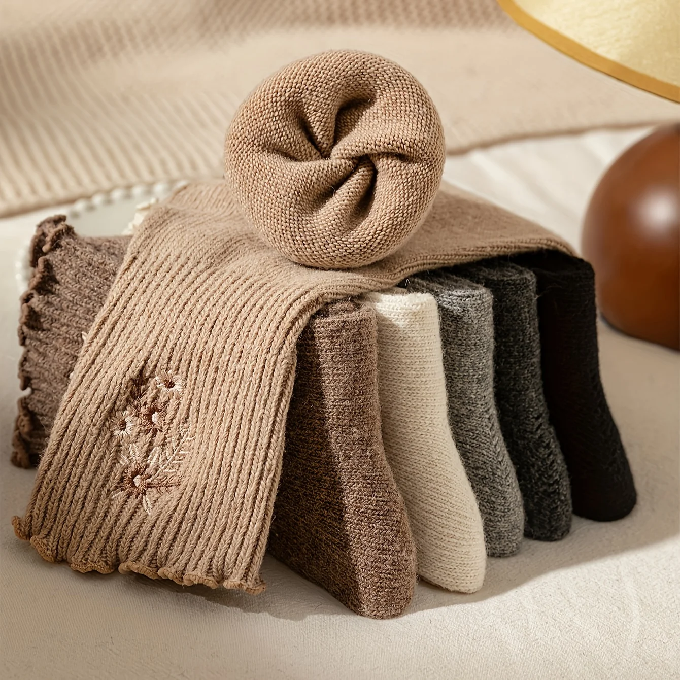6Pairs Women Sweet Ruffle Cuff Crew Socks Soft Vertical Rib Knit Floral Embroidery Hosiery Neutral Earth Tone Casual Daily Sock