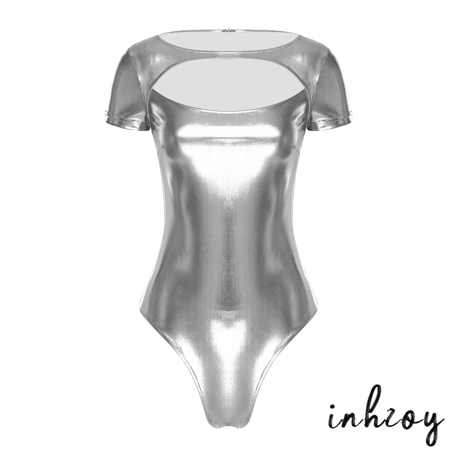 

Women Metallic Shiny Jazz Dance Bodysuit Front Hollow-out Short Sleeve Round Neck Pole Dance Leotard for Rock Music Festival
