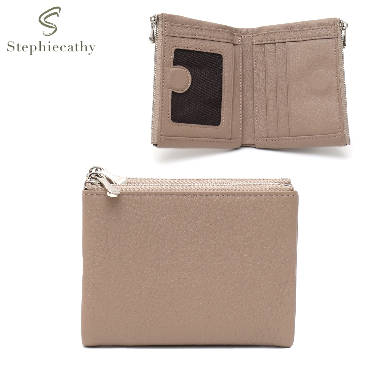 SC Women Minimalist Genuine Leather Bifold Short Wallet Plain Multi Pockets Card Holders Cash Slots Coin Purse Portable Daily