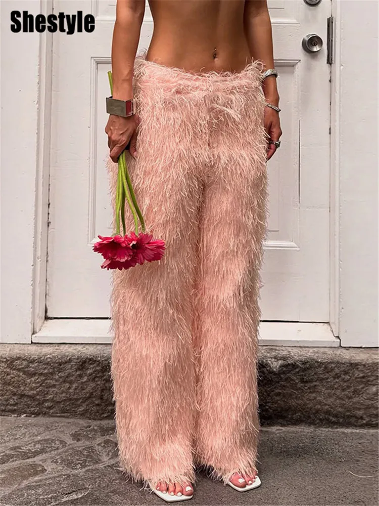 

Shestyle Fluffy Downy Winter Straight Pants Women Low Waist Softy Leisure Streetwear Trousers Pink Athleisure Modern Fantasy