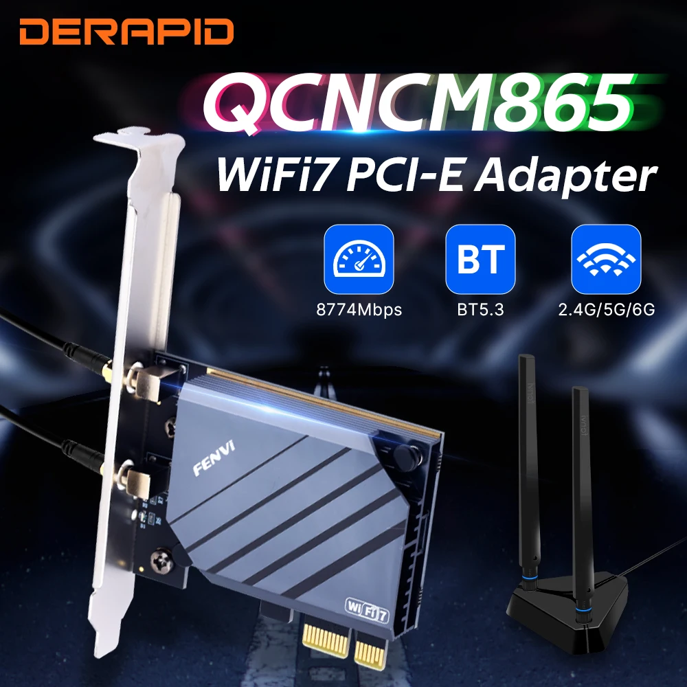 Fenvi WiFi 7 QCNCM865 Pcie Wireless Wifi Adapter Bluetooth 5.3 Tri Band 2.4G/5G/6GHz Wifi7 Wi-Fi 7 Card Extend antenna Win10/11