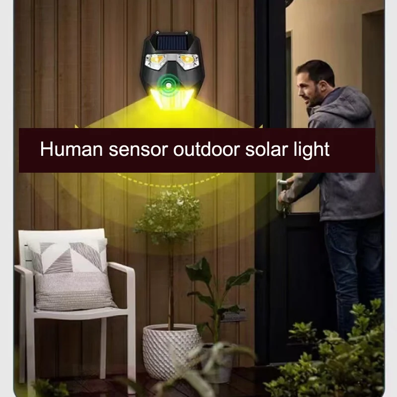 LED Solar Wall Lamp with Human Motion Sensor, 5 Speed Adjustment, Mask Style, Outdoor Garden, Courtyard, Waterproof Wall Light