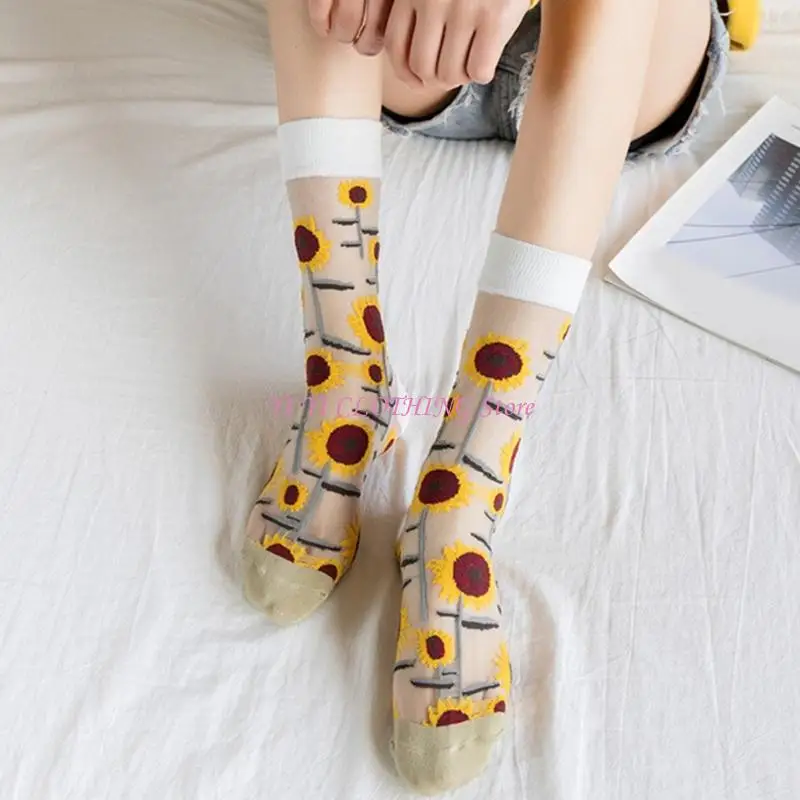 N5KF جوارب الأزهار المرنة للنساء متوسطة الطول تصميم خفيف الوزن انظر من خلال الجوارب #2