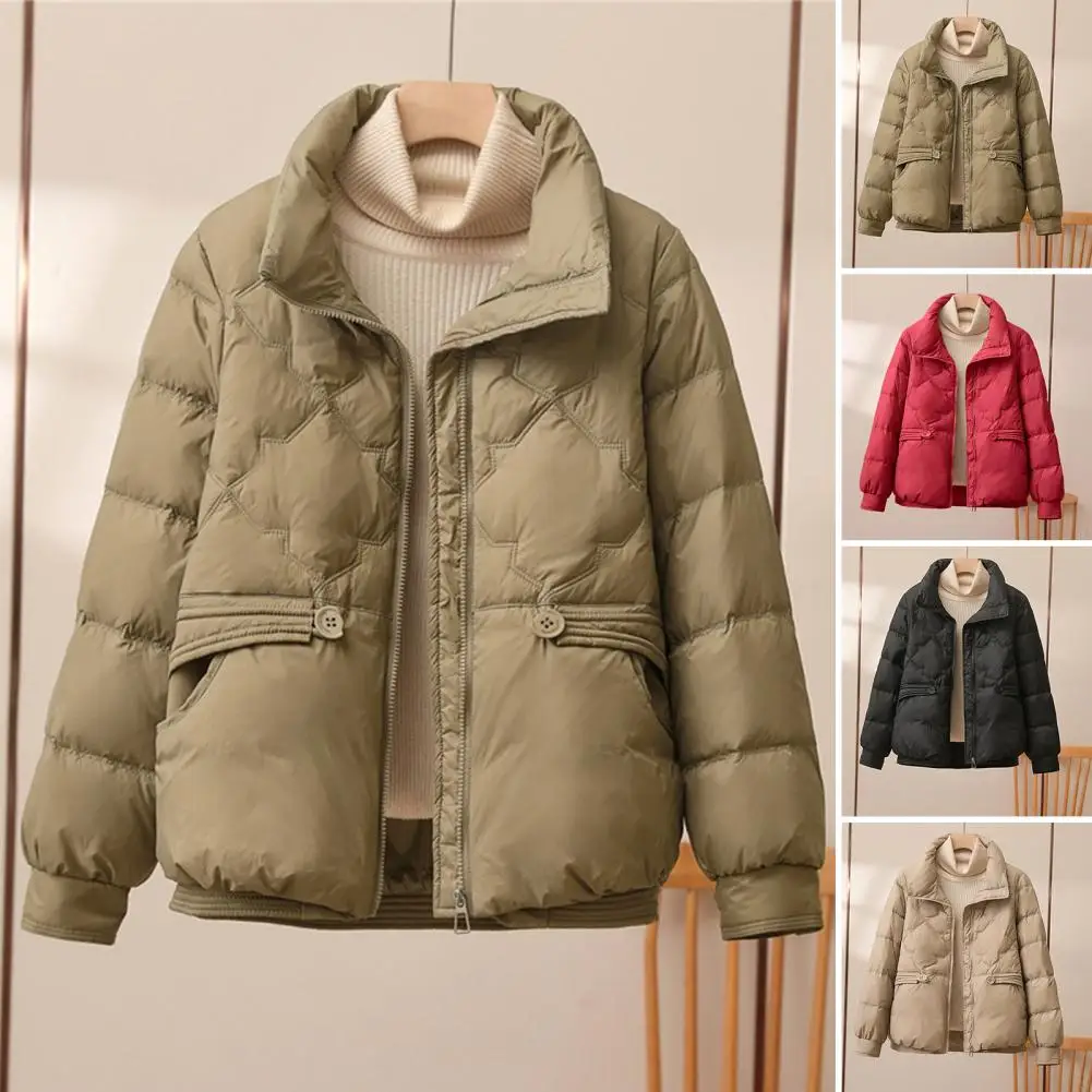 Winter Down Coat Padded Turn-down Collar Pockets Zip-up Parka Windproof Heat Retention Daily Cold Weather Outwear Cotton Jacket