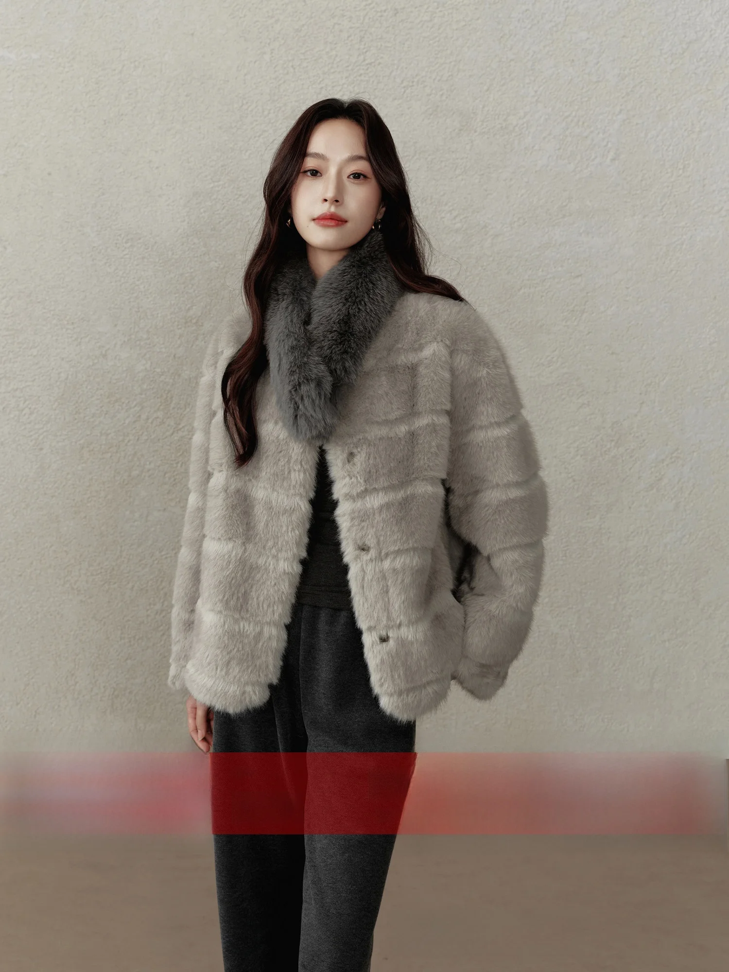 

Eco-Friendly Grey round Neck Faux Fur Jacket Women's Winter Top Warmth Long Sleeve Button Detail Loose Fit Style Daily Wear
