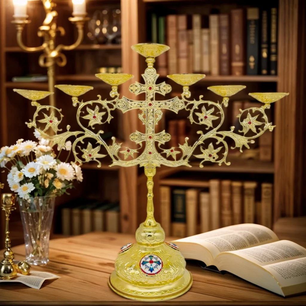 HTISOK Orthodox 7-Candle Zinc Alloy Candelabra 12 Inch Tall 7 Arms Candle Holder Stick for Taper Candles Gold Vintage Design