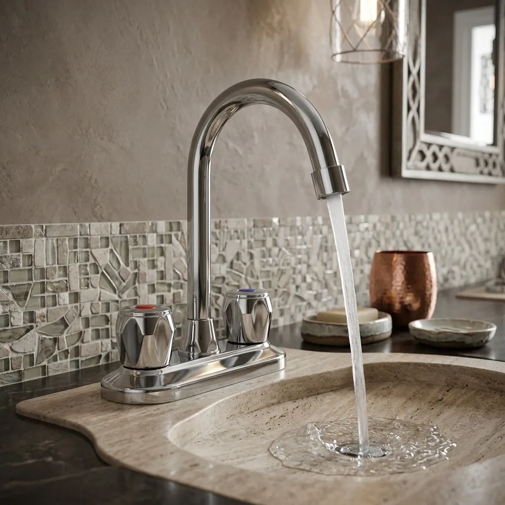 Zinc Alloy Dual Handle Deck Mounted Bathroom Sink Faucet Water Mixer Tap Compatible with Residential Sink Installations