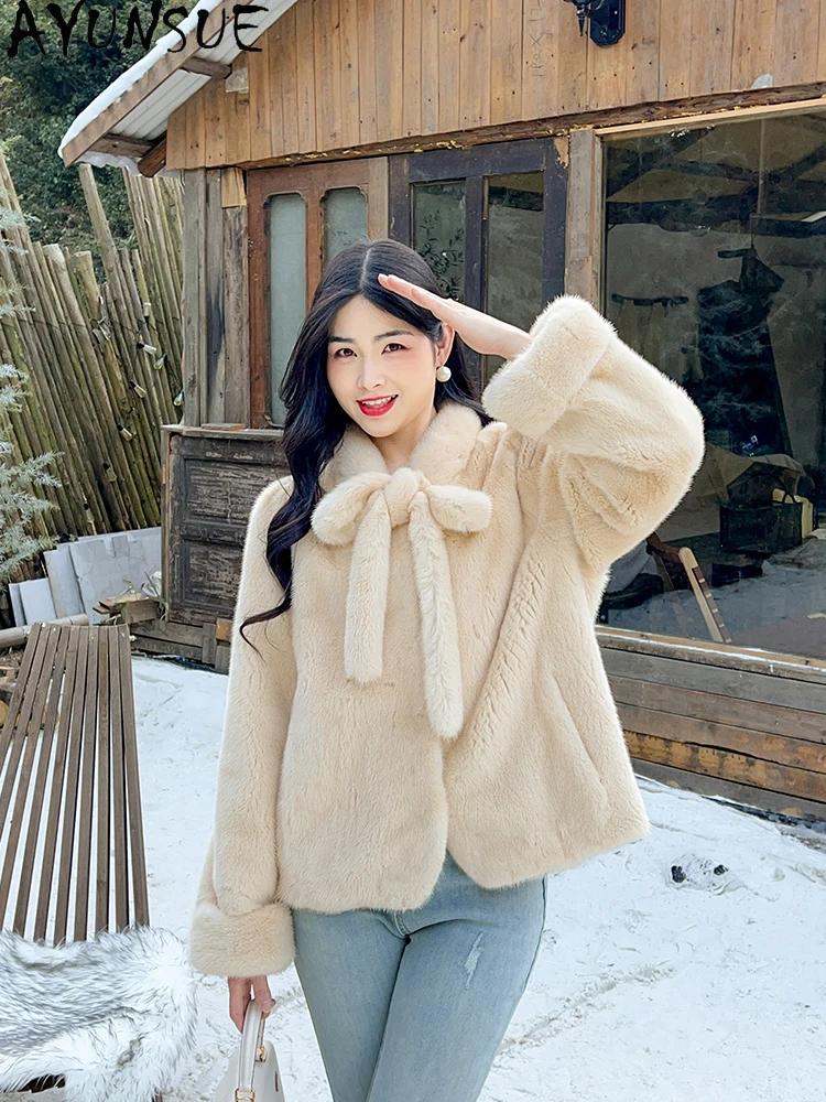 AYUNSUE Bow Natural Velvet Mink Fur Jacket Woman Luxury Whole Mink Winter Jacket for Woman Clothes High Quality Кофта С Мехом