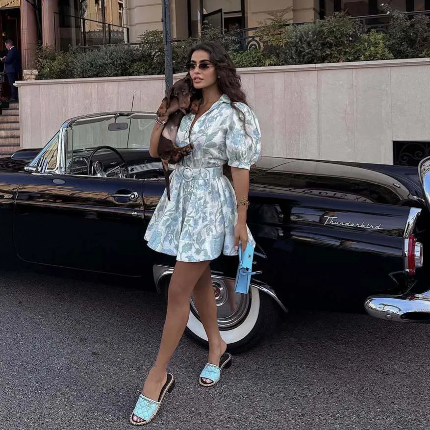 

2025 Summer New Women's Fashion Dress Palace Retro Bubble Sleeve Waist Skirt Printed Elegant Temperament Dress Ladies
