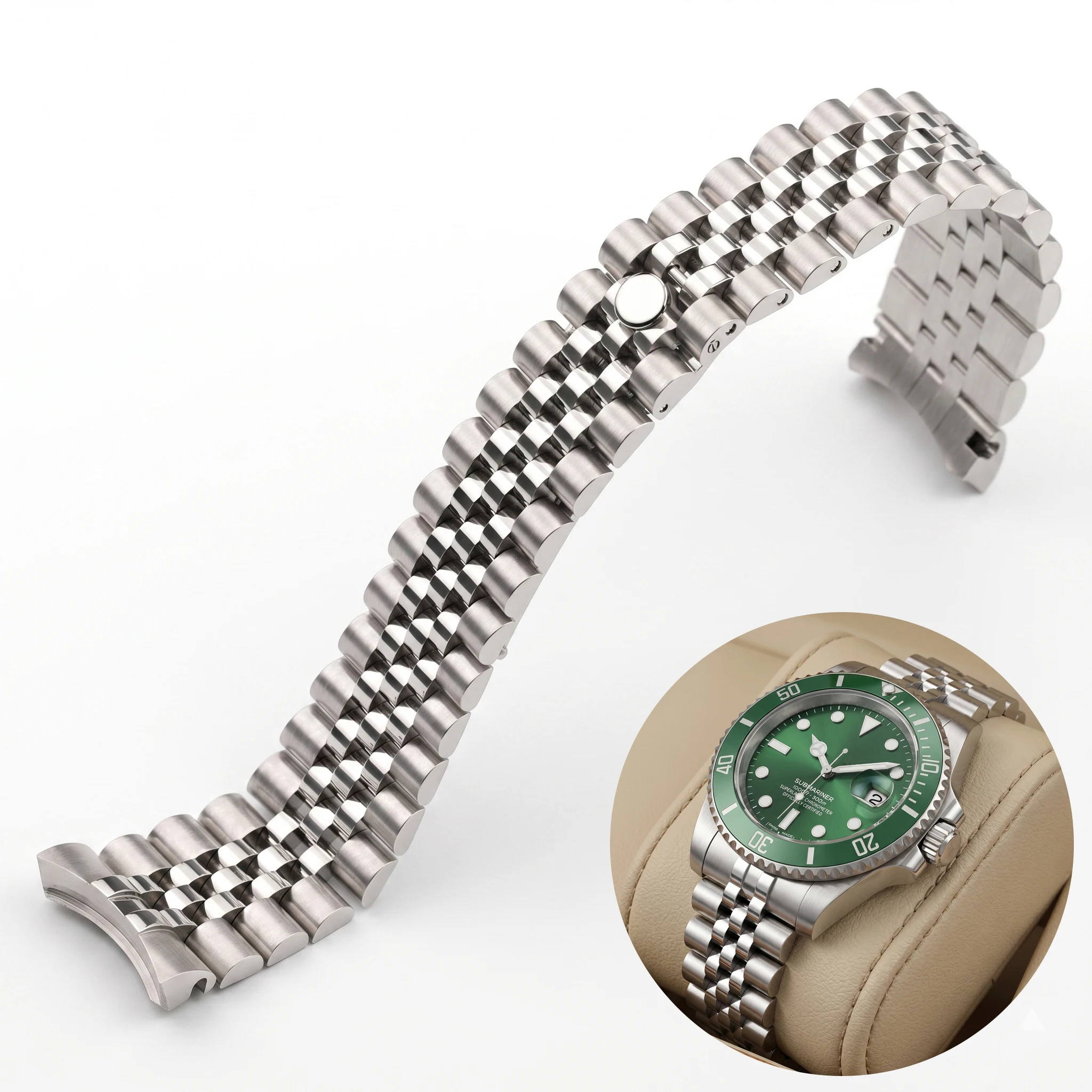 

Solid Stainless Steel Watch Band 20mm Curved End 5-Link Metal Bracelet Silver Replacement Strap Folding Buckle Men Women