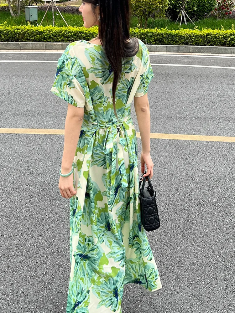 Women Summer Dress Fashion Printing Thin Round Neck Short Sleeved Green Super Fairy Style Simple Bohemian Long Vestidos DS081