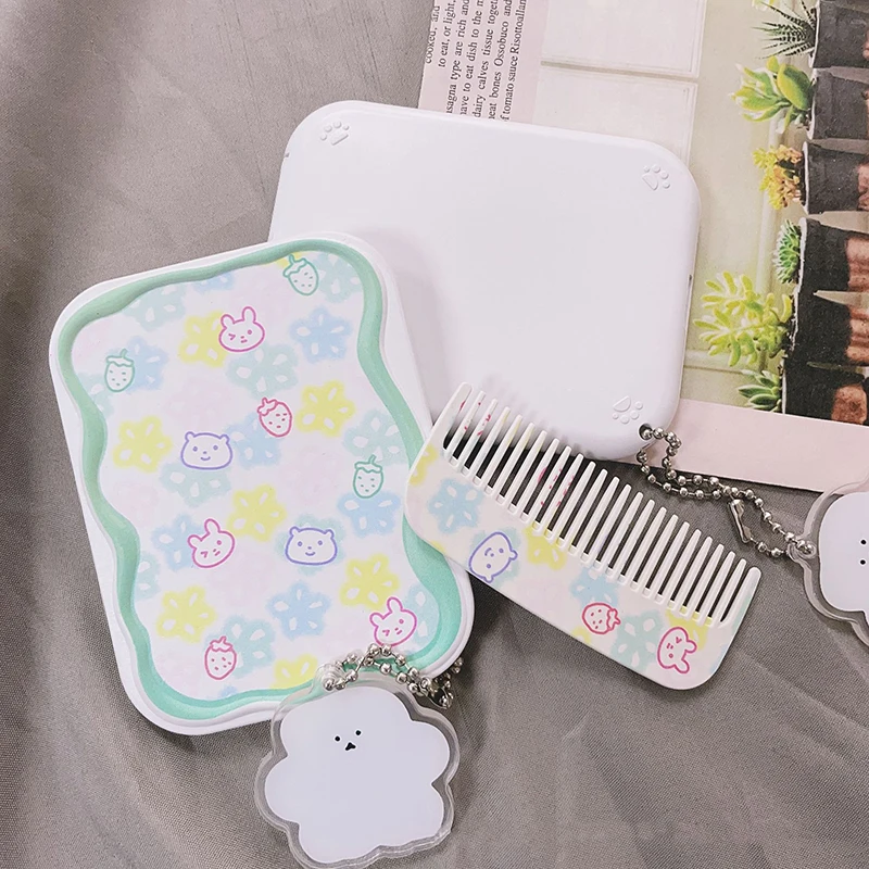 귀여운 만화 작은 곰 접이식 클램셸 거울, 메이크업 거울, 빗 포함, 휴대용 크리에이티브, 여자 핸드헬드 거울