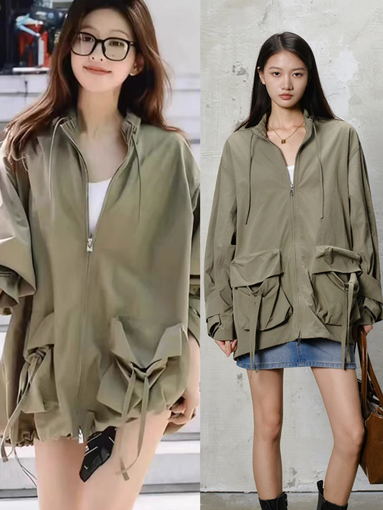 

Женская повседневная свободная куртка Zhaolu Oustanding Military Workwear с молнией, длинными рукавами и воротником-стойкой