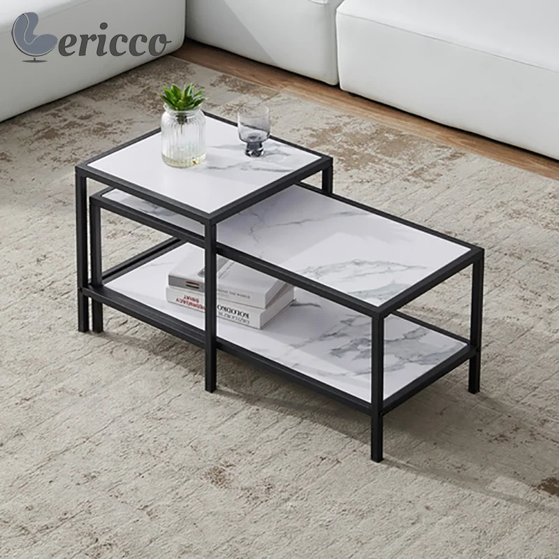 GERICCO Nesting Coffee Tables Sofa Side Table Living Room Rectangle Wood Marble Color Modern End Table with Black Metal Frame