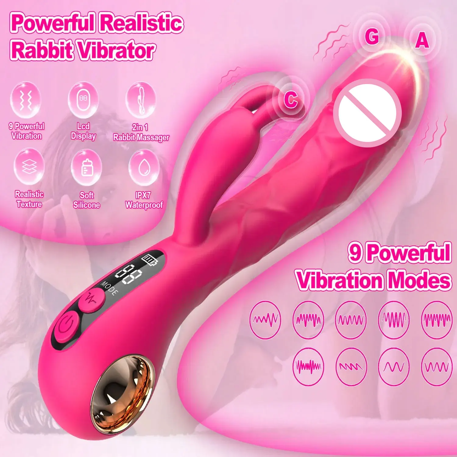 2-in-1 G-Punkt-Kaninchen-Vibrator, LCD-Display, vibrierender Klitorisstimulator, realistischer Dildo-Vibrator, G-Punkt-Sexspielzeug für Erwachsene für Frauen