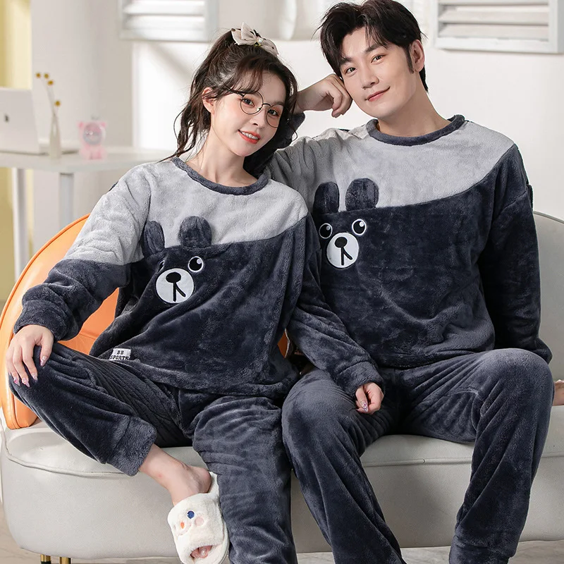 2PCS/Set Women\'s Coral Fleece Pajamas Fall and Winter Padded Thickened Home Clothing Set of Warm Pullover Can Be Worn Outside