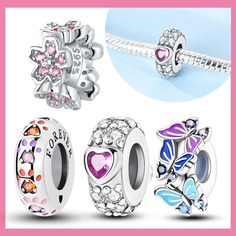 

Real S925 Silver Rainbow Zircon Colorful Heart Butterfly Shaped Charms Flowers Beads Fit DIY Bracelets Jewelry for Women Gifts