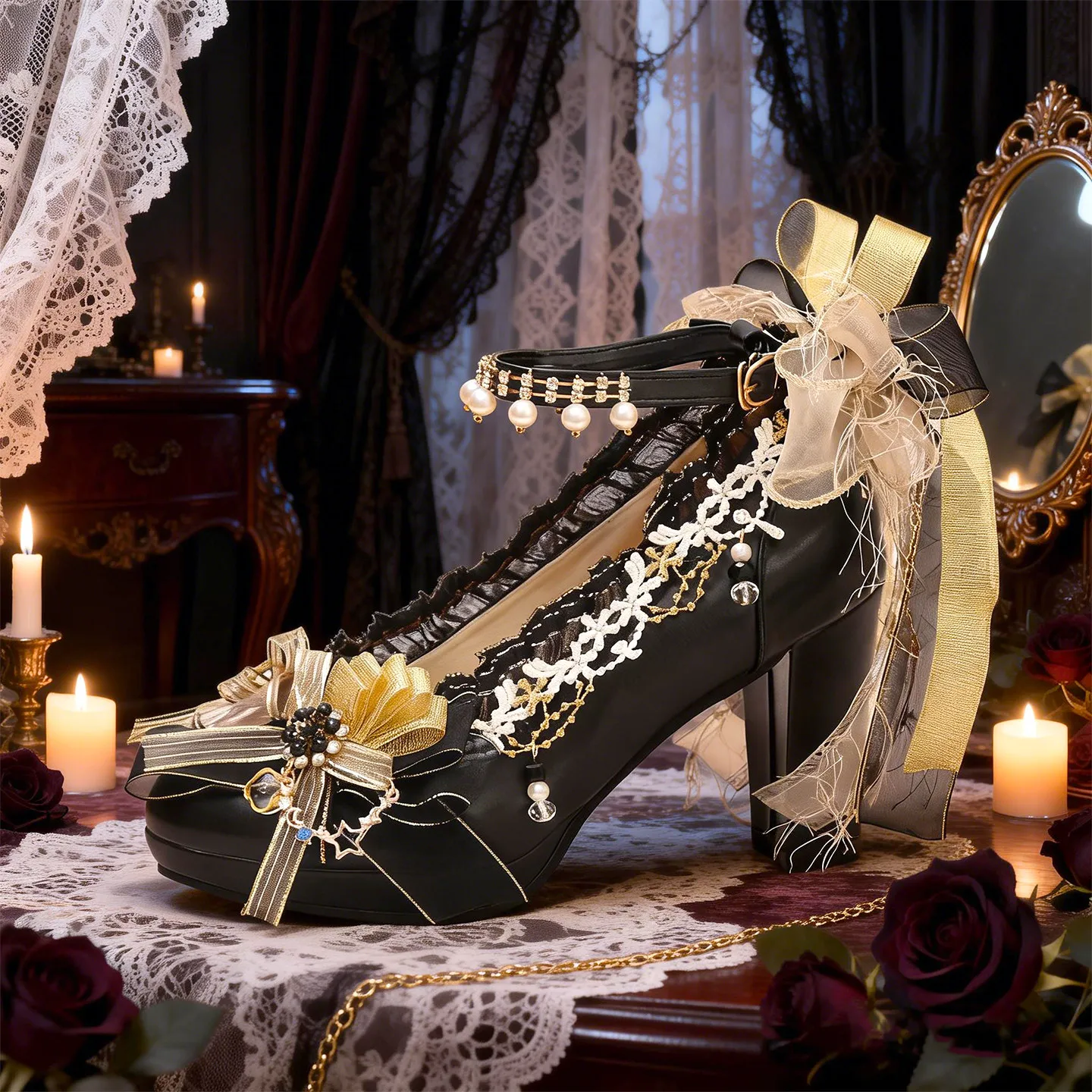 

Gothic Retro Classical Lolita Girl Single Shoes Champagne Gold Lace Bow Pearl Rhinestone Girl Black High-heeled Leather Shoes