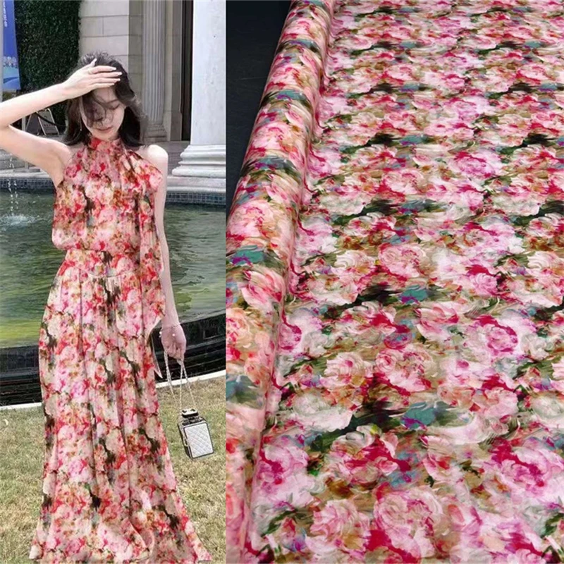 

C Family's New Summer 18momme Flower Printing Crepe Double Silk Summer High-end Fashion Designer Mulberry Silk Fabric Grade 6A