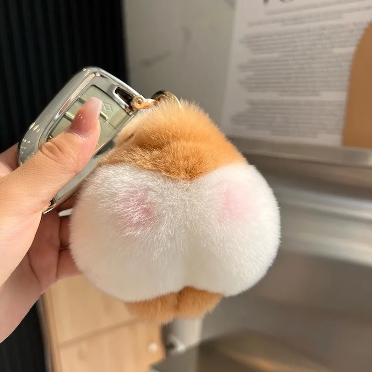 Cute Real Otter Rabbit Fur Corgi Butt Car Keychain Pendant Ins Trendy Plush Bag Charm Gift