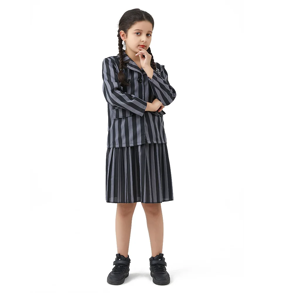 Wednesday Kids Girls Women Nevermore Academy School Uniform Cosplay Costume Family Halloween Birthday Party Clothes Wig